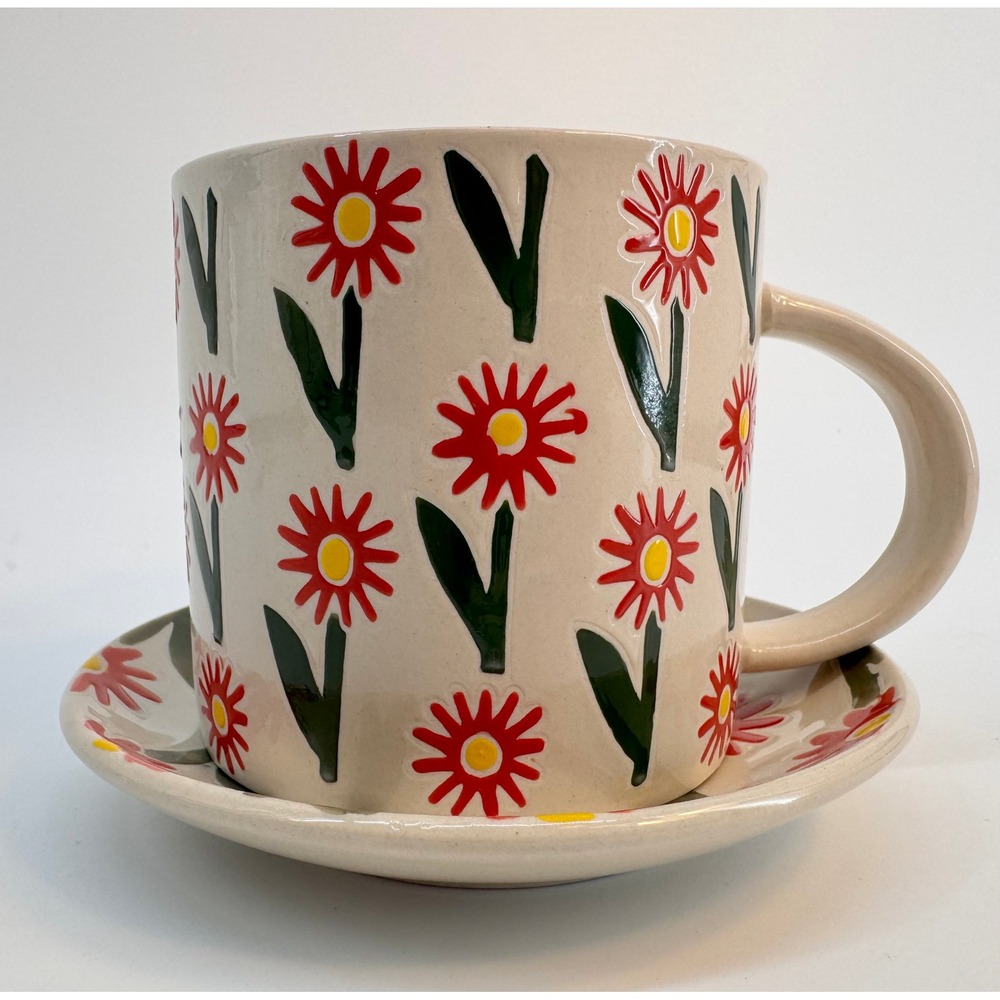 Hazel Mazel Red Daisy Stoneware Mug and Saucer Set Wax Relief Floral HM0172A NWT - Picture 5 of 13